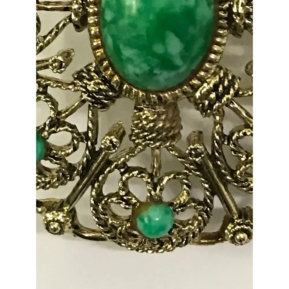 Vintage Western Germany Gold Tone Filigree Medallion Necklace Green Stones